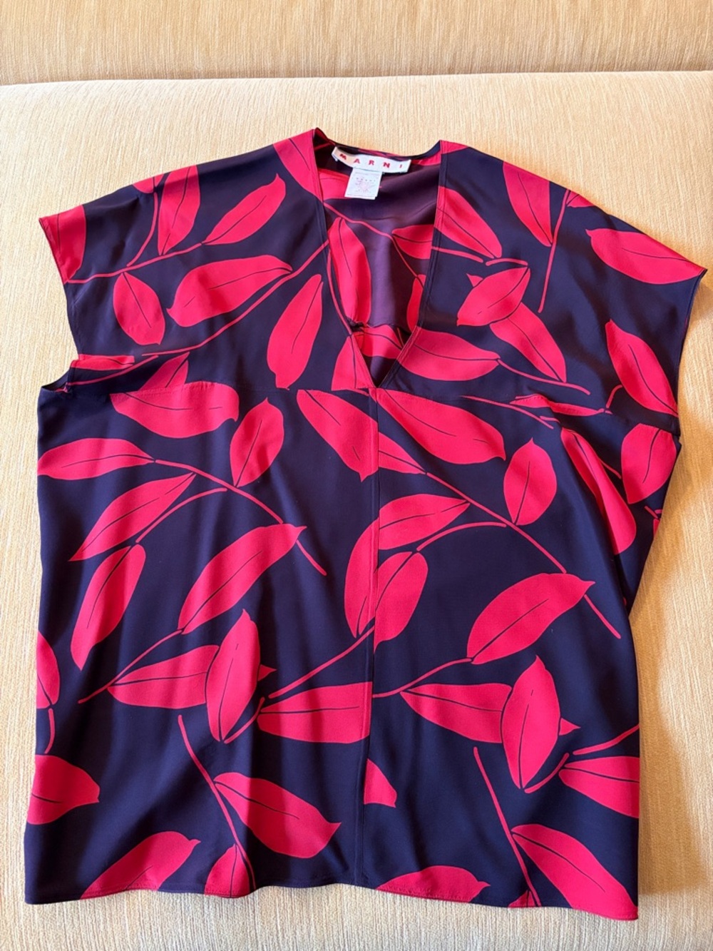 Marni Black Cap Sleeve Blouse with Bold Red Leaf Print
